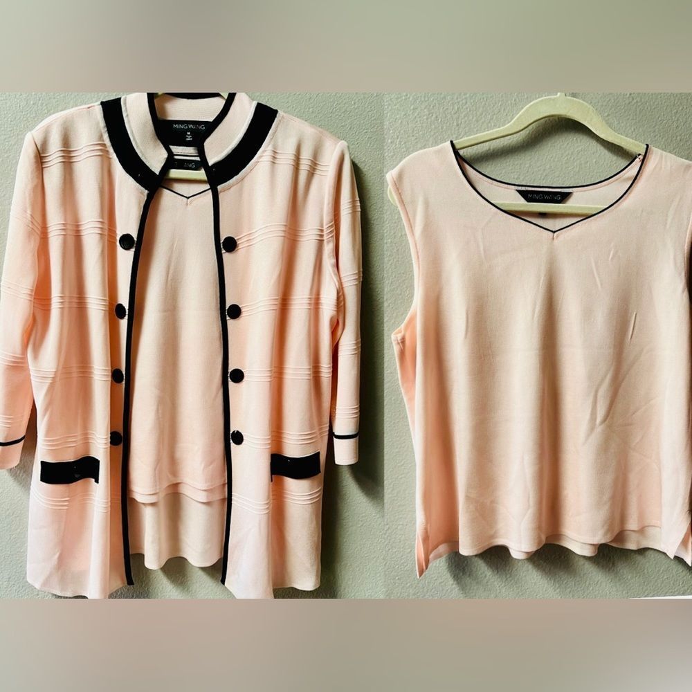 MING WANG PINK/BLACK 3/4 SLEEVE CARDIGAN WITH MATCHING SHELL TANK SIZE M NEW